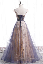 A-Line Tulle Long Formal Prom Dress with Sequins, Cute Scoop Neckline Evening Dress