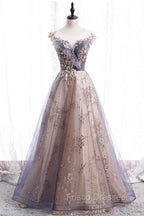 A-Line Tulle Long Formal Prom Dress with Sequins, Cute Scoop Neckline Evening Dress