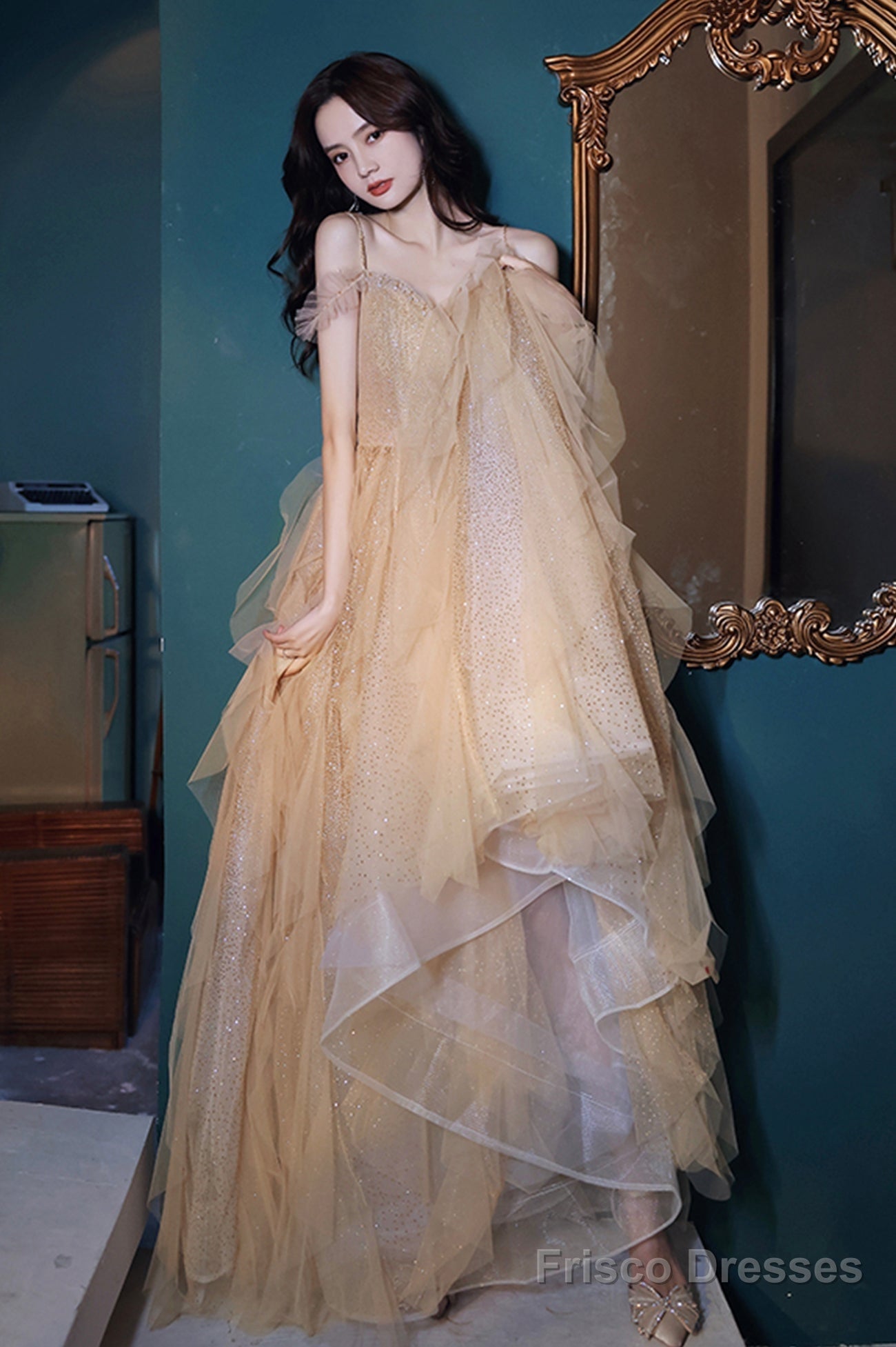 A-Line Tulle Long Prom Dress With Sequins, Spaghetti Straps Evening Dress
