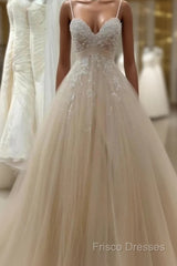 A Line Tulle Long Formal Prom Straps Sweetheart Lace Appliques Wedding Dress