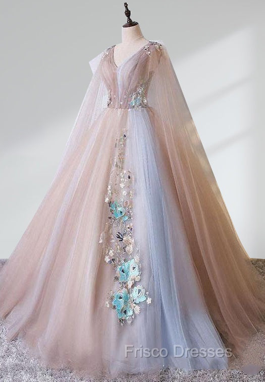 A Line Tulle Pink Embroidery Appliqued Long Formal Prom Dress