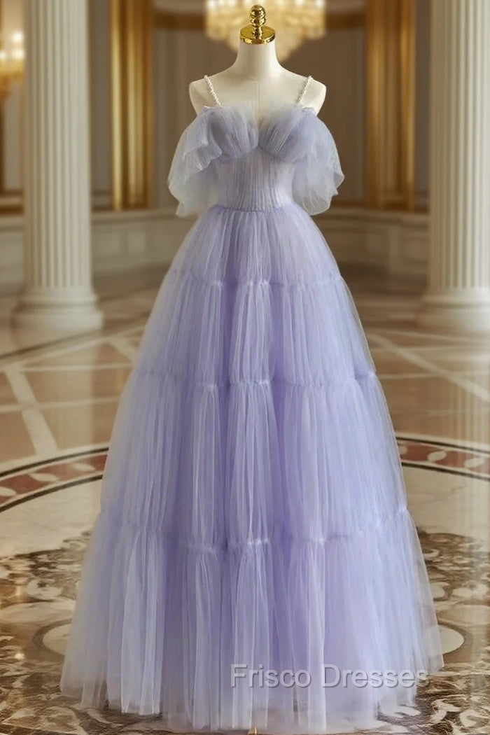 A-Line Tulle Purple Long Formal Prom Dress, Purple Long Graduation Dress
