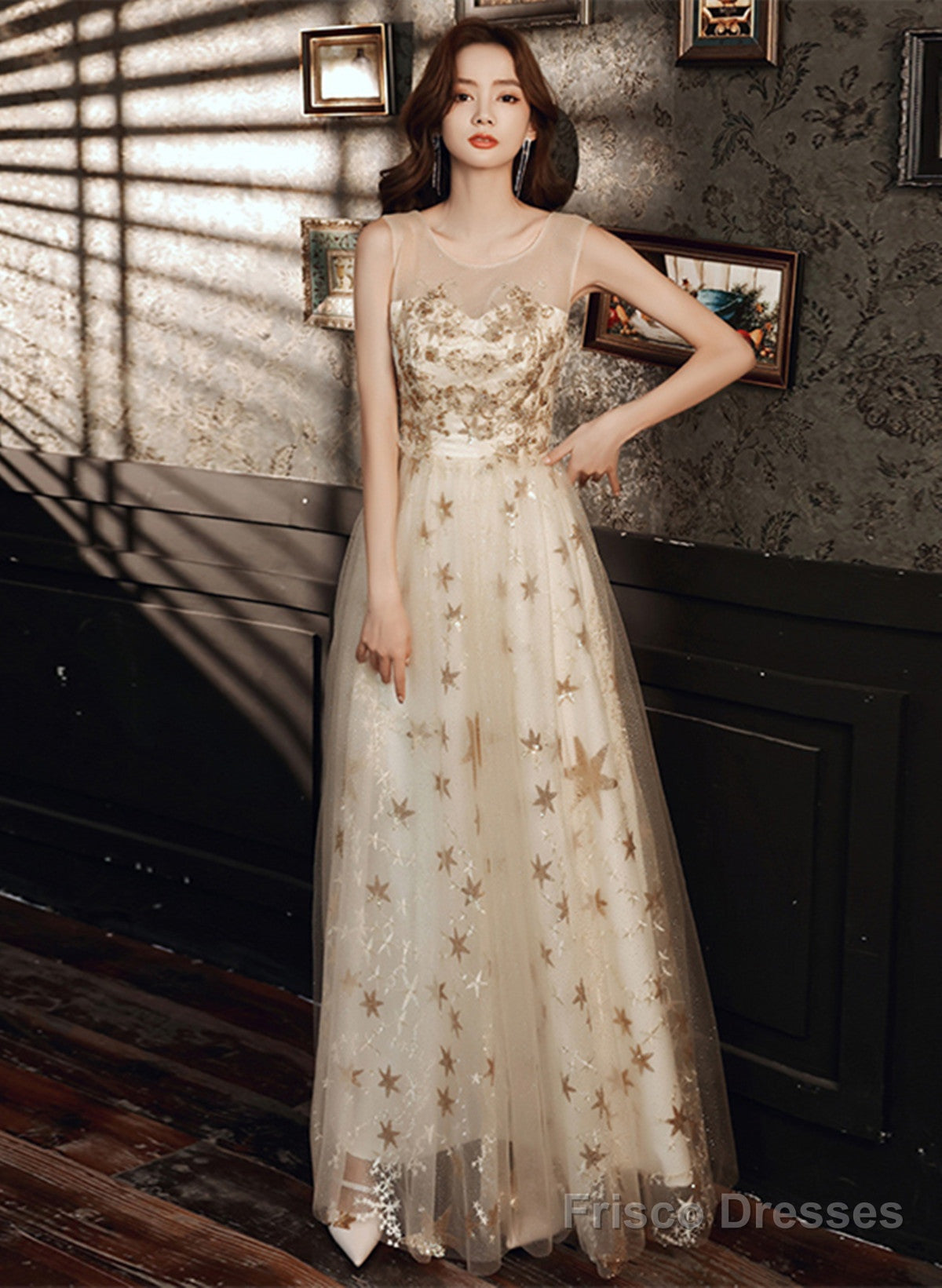 A-Line Tulle Round Neckline Champagne Prom Dress, Champagne Evening Dress Secondary image