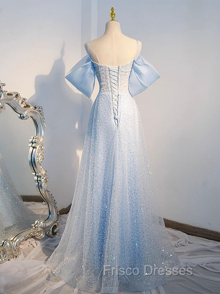 A-Line Tulle Sequin Blue Long Formal Prom Dress, Blue Long Formal Dress