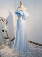 A-Line Tulle Sequin Blue Long Formal Prom Dress, Blue Long Formal Dress