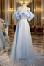 A-Line Tulle Sequin Blue Long Formal Prom Dress, Blue Long Formal Dress