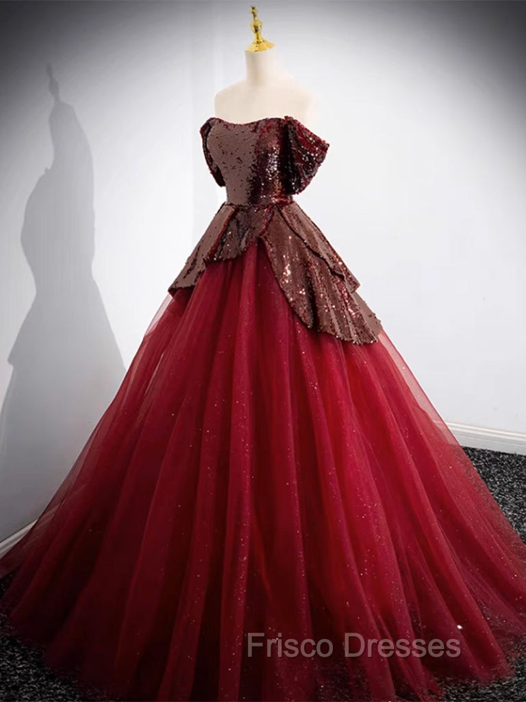 A-Line Tulle Sequin Burgundy Long Formal Prom Dress, Off Shoulder Burgundy Formal Dress Secondary image