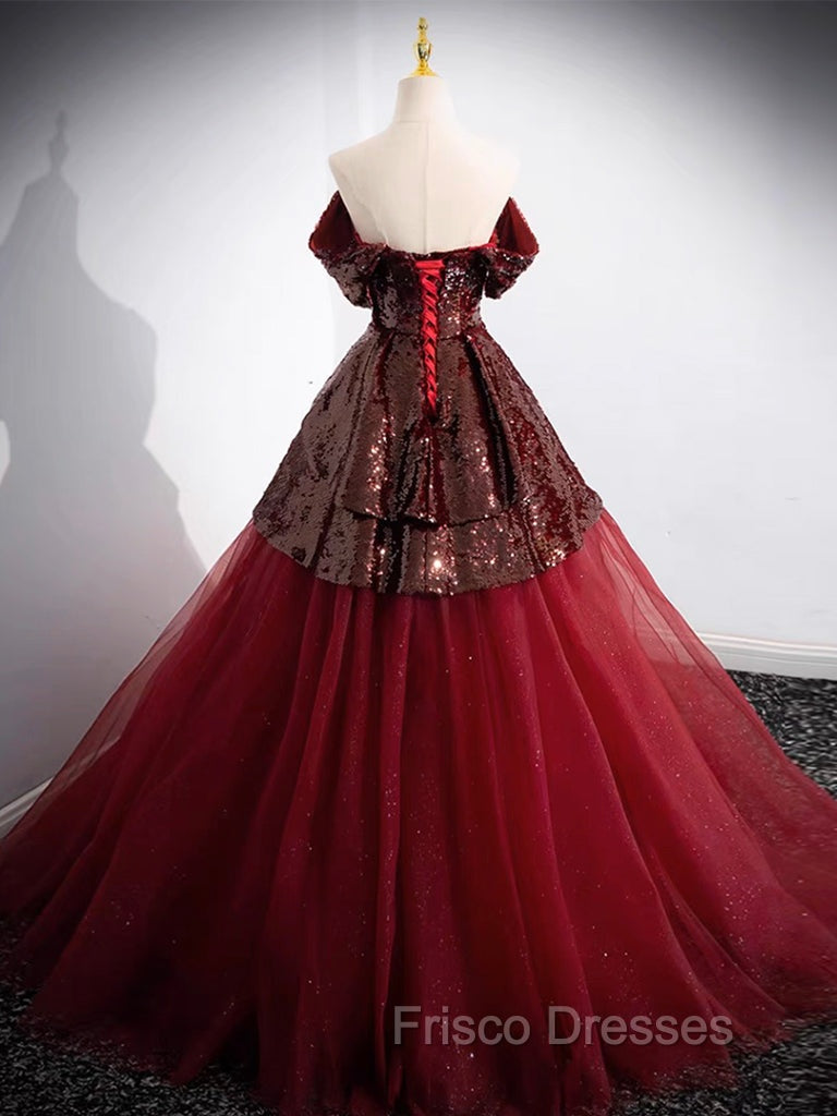 A-Line Tulle Sequin Burgundy Long Formal Prom Dress, Off Shoulder Burgundy Formal Dress