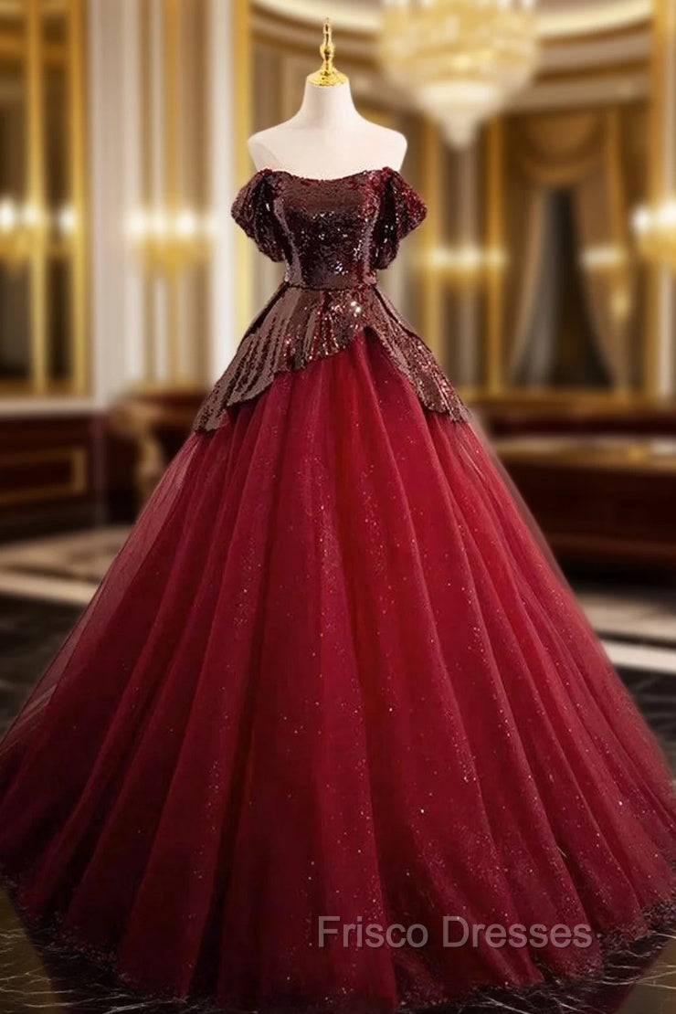 A-Line Tulle Sequin Burgundy Long Formal Prom Dress, Off Shoulder Burgundy Formal Dress Main image