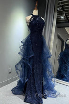 A-Line Tulle Sequin Dark Blue Long Formal Prom Dress, Dark Blue Long Formal Dress