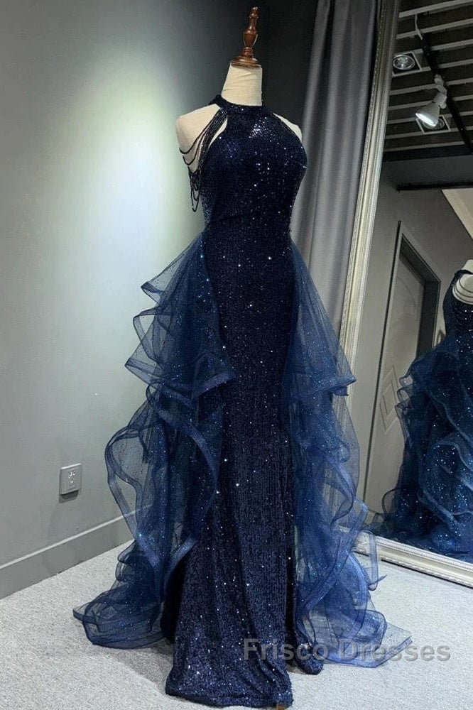 A-Line Tulle Sequin Dark Blue Long Formal Prom Dress, Dark Blue Long Formal Dress