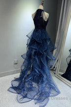 A-Line Tulle Sequin Dark Blue Long Formal Prom Dress, Dark Blue Long Formal Dress