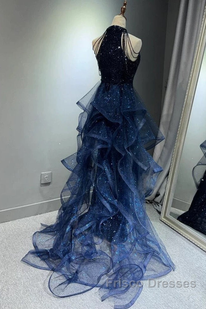A-Line Tulle Sequin Dark Blue Long Formal Prom Dress, Dark Blue Long Formal Dress