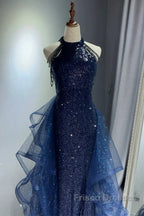 A-Line Tulle Sequin Dark Blue Long Formal Prom Dress, Dark Blue Long Formal Dress