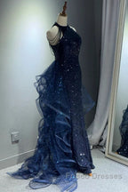 A-Line Tulle Sequin Dark Blue Long Formal Prom Dress, Dark Blue Long Formal Dress