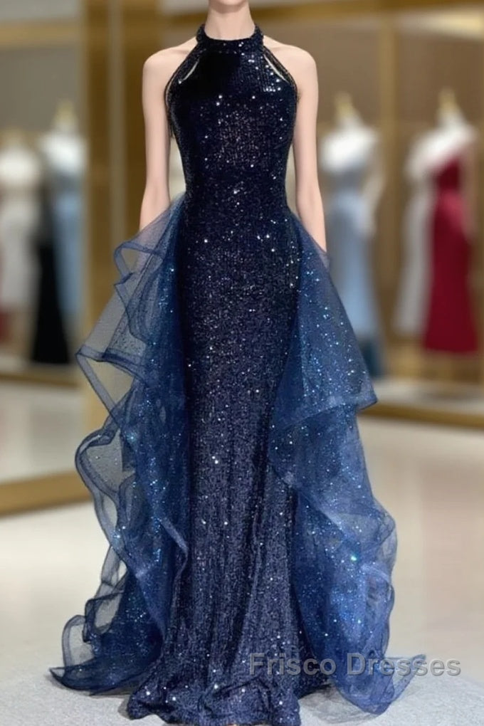 A-Line Tulle Sequin Dark Blue Long Formal Prom Dress, Dark Blue Long Formal Dress Main image