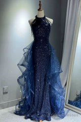 A-Line Tulle Sequin Dark Blue Long Prom Dress, Dark Blue Long Formal Dress