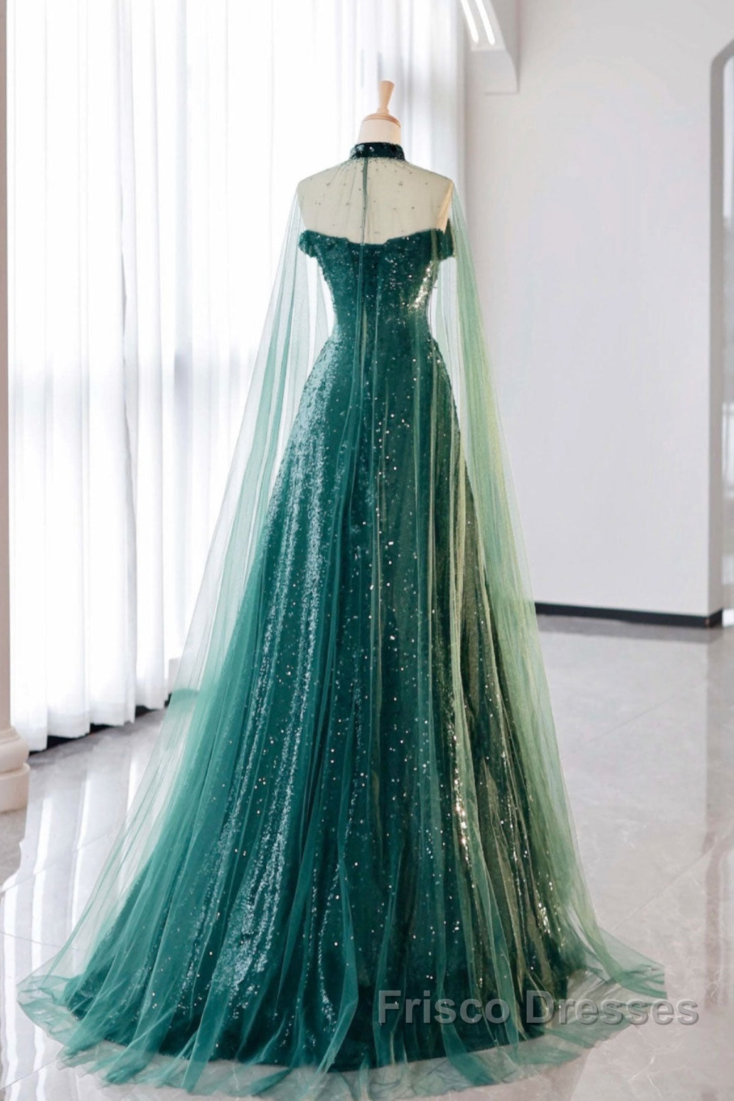 A-Line Tulle Sequin Green Long Formal Prom Dress, Green Formal Evening Dress Secondary image
