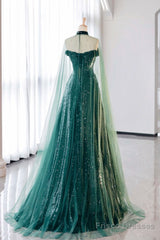 A-Line Tulle Sequin Green Long Prom Dress, Green Formal Evening  Dress