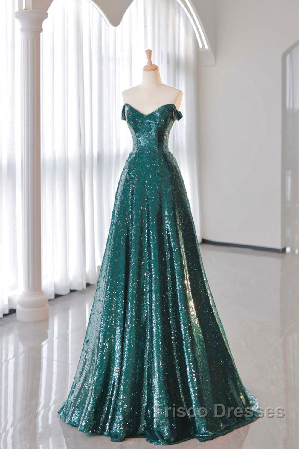 A-Line Tulle Sequin Green Long Formal Prom Dress, Green Formal Evening Dress