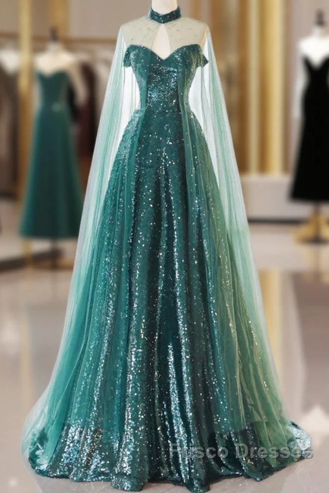 A-Line Tulle Sequin Green Long Formal Prom Dress, Green Formal Evening Dress Main image