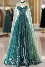 A-Line Tulle Sequin Green Long Formal Prom Dress, Green Formal Evening Dress