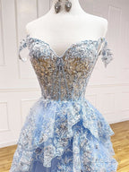 A-Line Tulle Sequin Lace Blue Long Formal Prom Dress, Blue Long Formal Dress