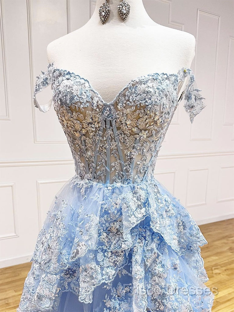 A-Line Tulle Sequin Lace Blue Long Formal Prom Dress, Blue Long Formal Dress