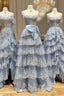 A-Line Tulle Sequin Lace Blue Long Formal Prom Dress, Blue Long Formal Dress
