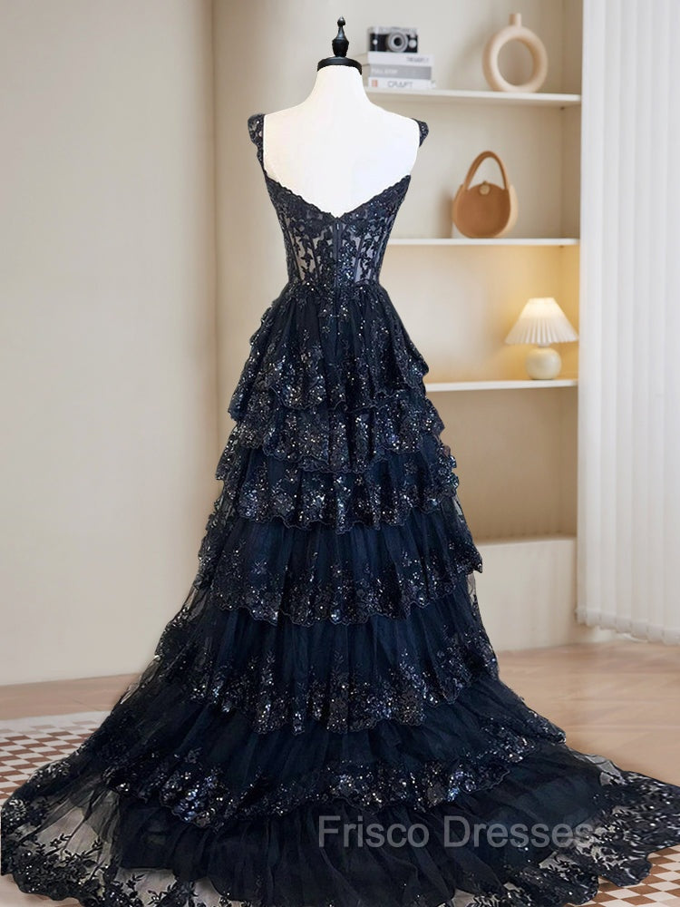 A-Line Tulle Sequin Navy Blue Long Formal Prom Dress, Navy Blue Sequin Long Formal Dress