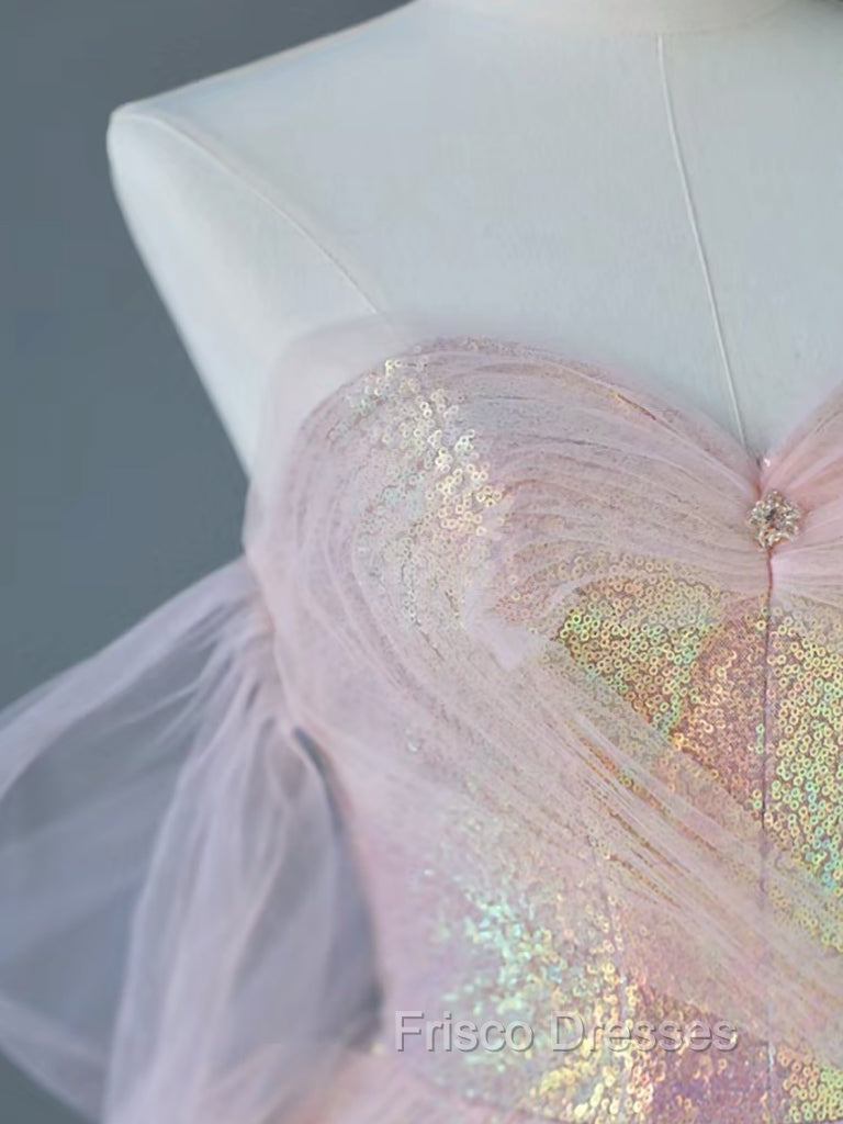 A-Line Tulle Sequin Pink Long Formal Prom Dress, Pink Tulle Long Formal Dress