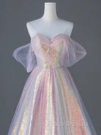 A-Line Tulle Sequin Pink Long Formal Prom Dress, Pink Tulle Long Formal Dress