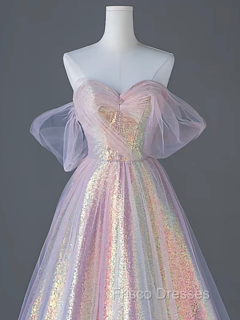 A-Line Tulle Sequin Pink Long Formal Prom Dress, Pink Tulle Long Formal Dress