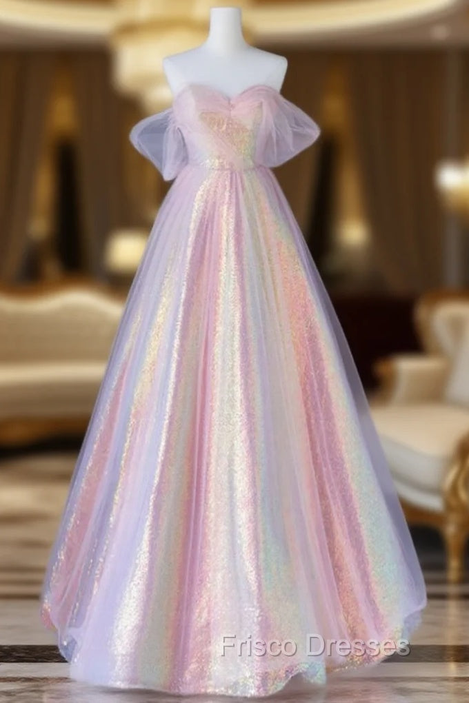 A-Line Tulle Sequin Pink Long Formal Prom Dress, Pink Tulle Long Formal Dress Main image