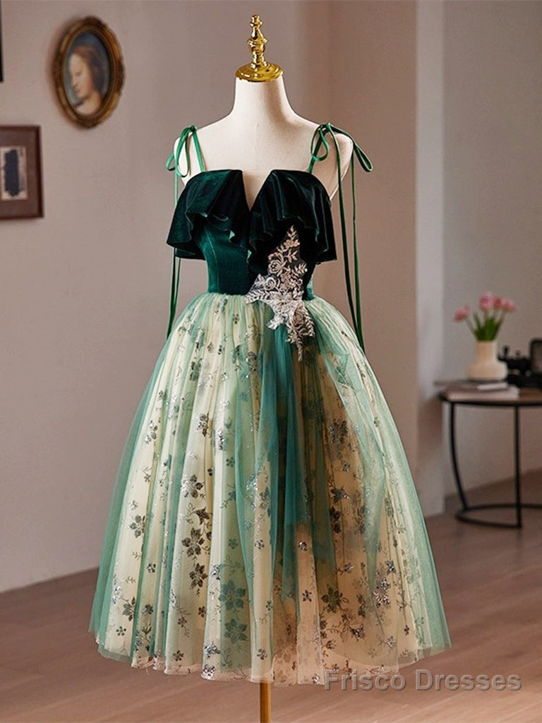 A-Line Tulle Sequin Velvet Green Short Prom Dress, Green Homecoming Dress Main image