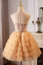 A-Line Tulle Sequins Knee Length Party Dress, Lovely Strapless Prom Evening Dress