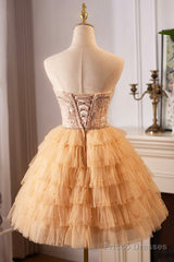 A-Line Tulle Sequins Knee Length Party Dress, Lovely Strapless Prom Evening Dress