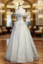 A-Line Tulle Sequins Long Formal Prom Dress, Off the Shoulder Evening Dress