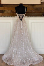 A-Line Tulle Sequins Long Formal Prom Dress, Spaghetti Strap Backless Evening Dress