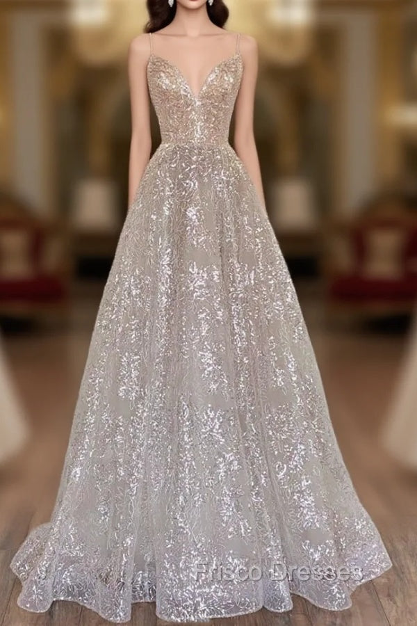 A-Line Tulle Sequins Long Formal Prom Dress, Spaghetti Strap Backless Evening Dress