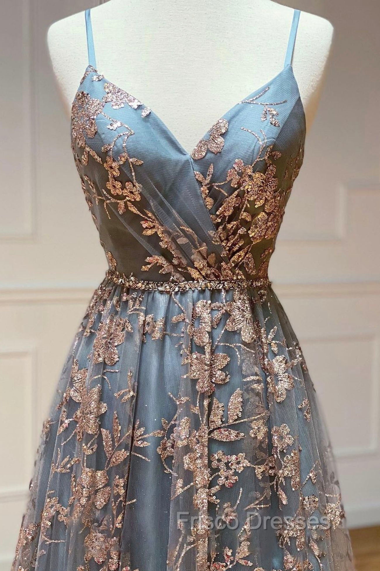 A-Line Tulle Sequins Long Formal Prom Dress, V-Neck Backless Evening Dress Secondary image