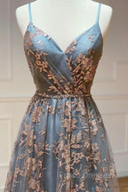 A-Line Tulle Sequins Long Formal Prom Dress, V-Neck Backless Evening Dress