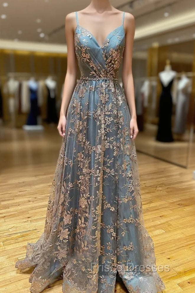 A-Line Tulle Sequins Long Formal Prom Dress, V-Neck Backless Evening Dress