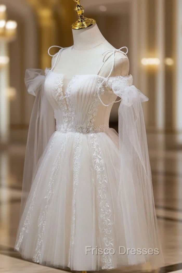 A Line Tulle Short Champagne Formal Prom Dress, Off Shoulder Lace Puffy Homecoming Dress