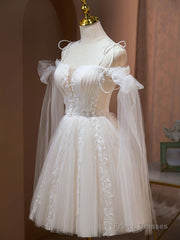 A Line Tulle Short Champagne Prom Dresses, Off Shoulder Lace Puffy Homecoming Dresses