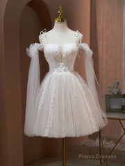 A Line Tulle Short Champagne Prom Dresses, Off Shoulder Lace Puffy Homecoming Dresses
