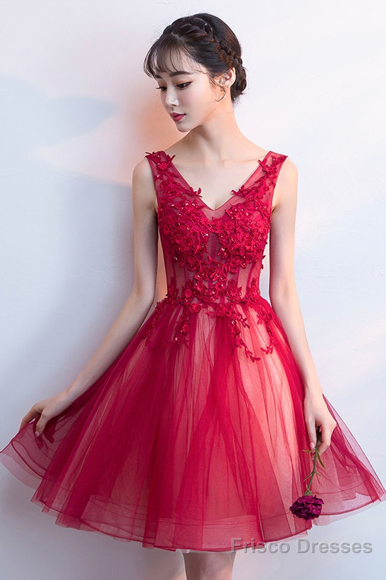 A-Line Tulle Short Prom Dress, V-Neck Lace Mini Party Dress Main image