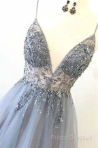 A Line Tulle Spaghetti Straps V Neck Appliques Long Formal Prom Dress Beautiful