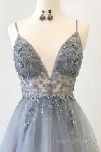 A Line Tulle Spaghetti Straps V Neck Appliques Long Formal Prom Dress Beautiful
