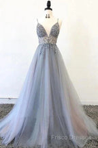 A Line Tulle Spaghetti Straps V Neck Appliques Long Formal Prom Dress Beautiful